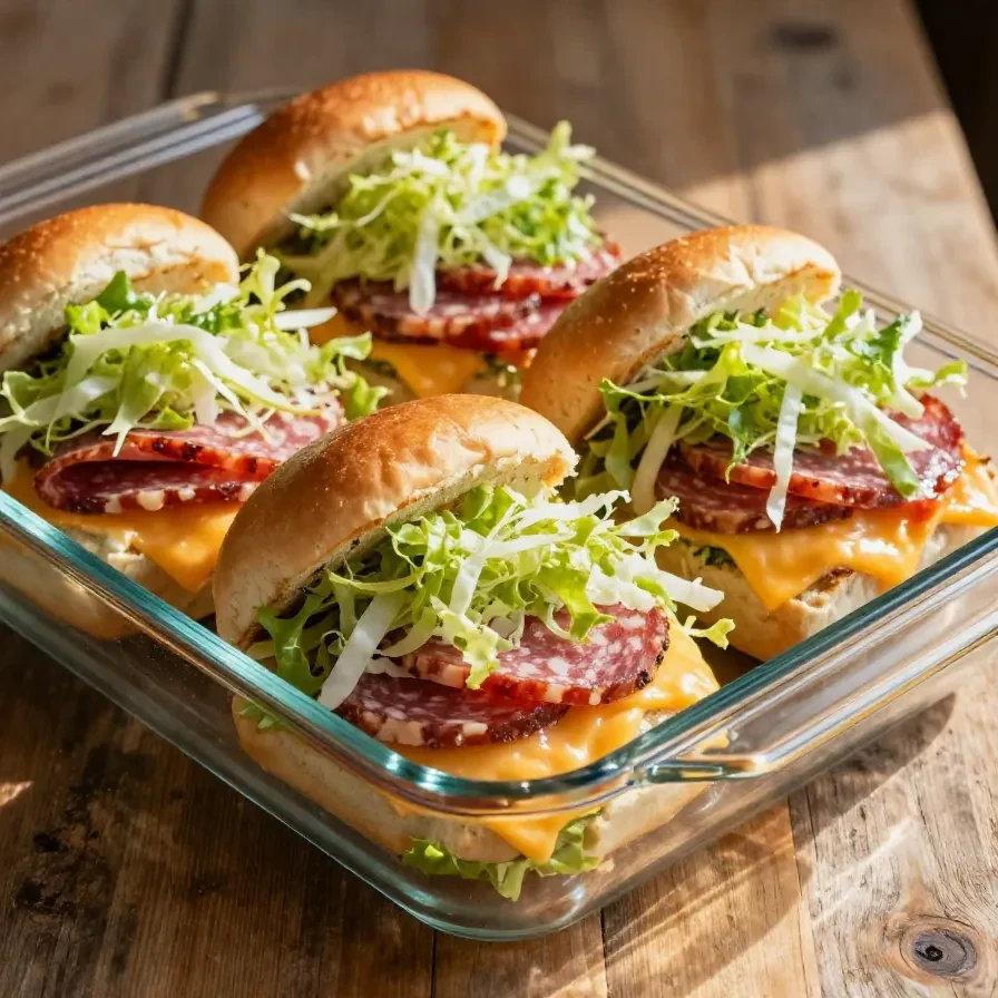 Close-up of Italian grinder sliders topped with melted cheese and fresh herbs