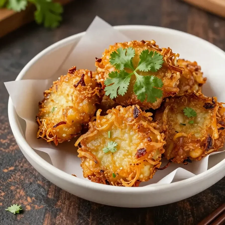 A plate of crispy onion pakodas served with green chutney and tea.
