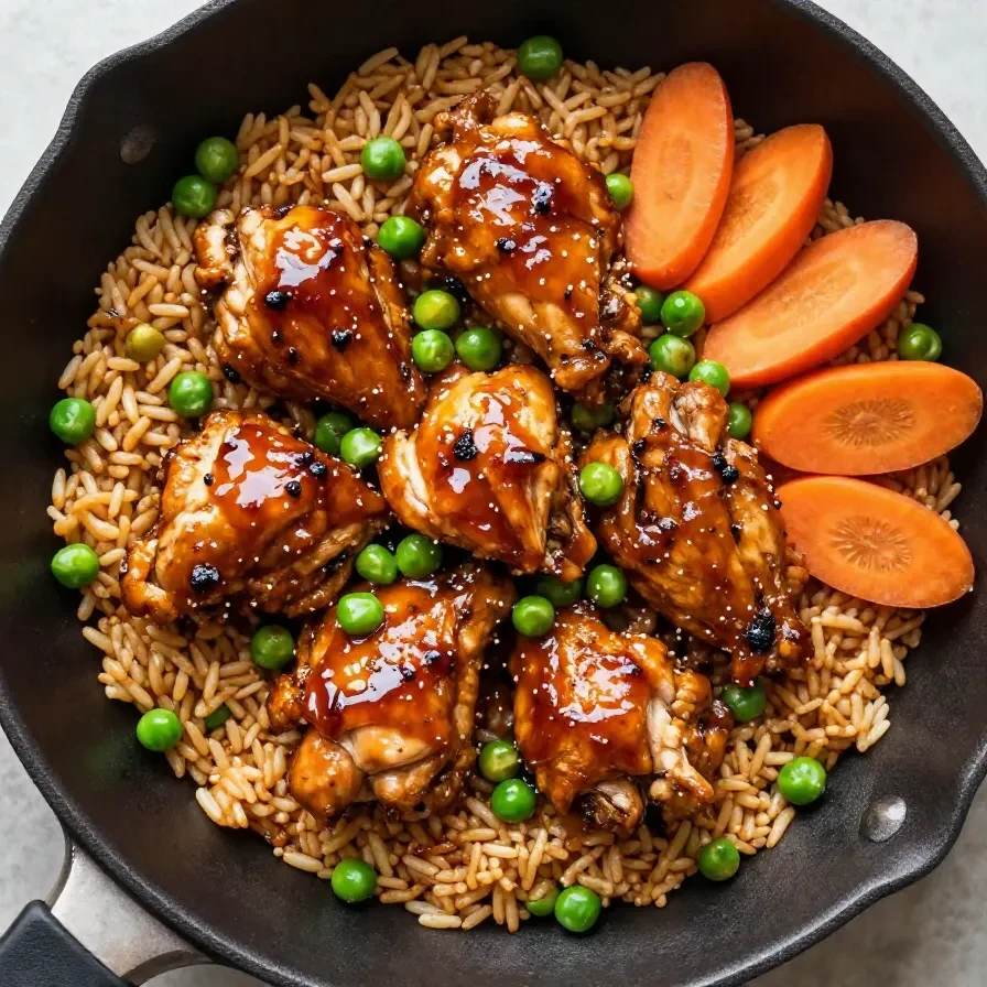 A plate of honey BBQ chicken served over steamed rice, garnished with fresh herbs.