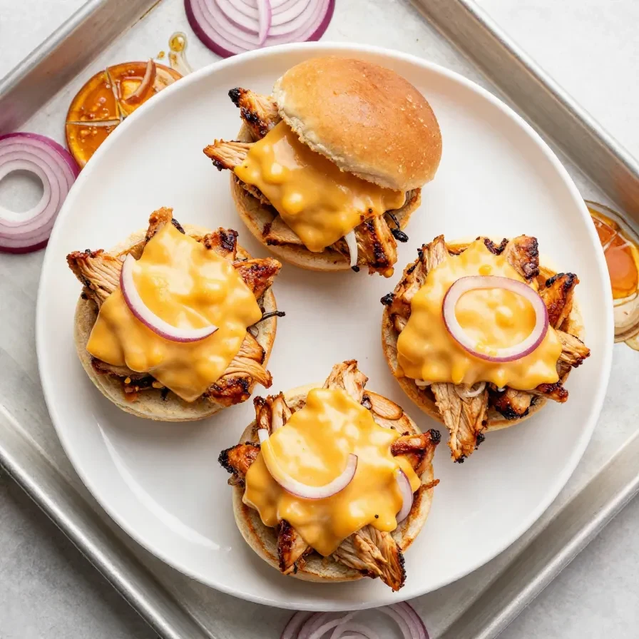 Close-up view of BBQ chicken sliders served on a wooden platter.