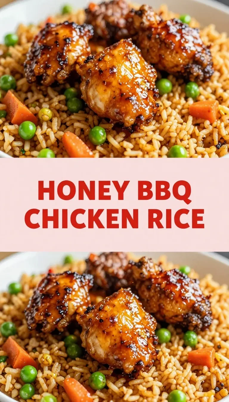 A plate of honey BBQ chicken served over steamed rice, garnished with fresh herbs.