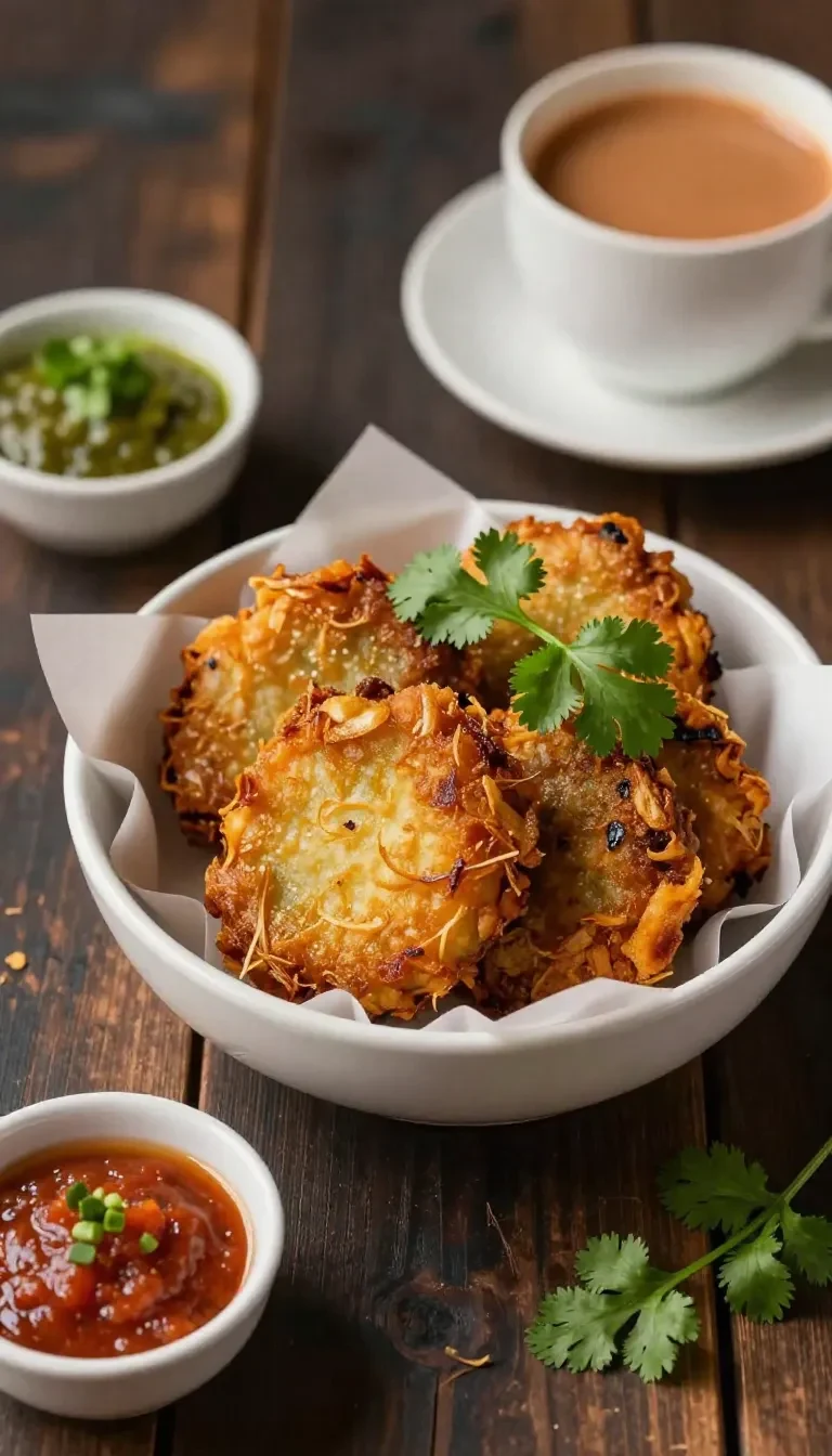 A plate of crispy onion pakodas served with green chutney and tea.