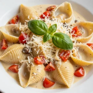 A bowl of creamy basil tomato pasta garnished with fresh basil leaves.