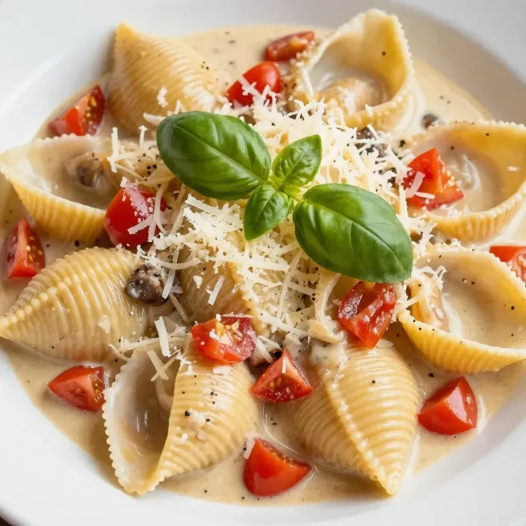 A bowl of creamy basil tomato pasta garnished with fresh basil leaves.