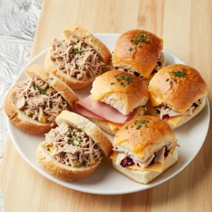 A platter of assorted finger sandwiches arranged neatly for a party.