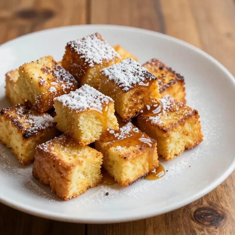 A freshly baked Hawaiian Roll French Toast casserole served in a white dish, topped with powdered sugar and berries.