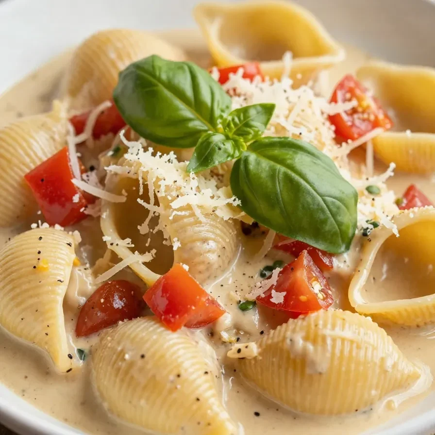 A bowl of creamy basil tomato pasta garnished with fresh basil leaves.