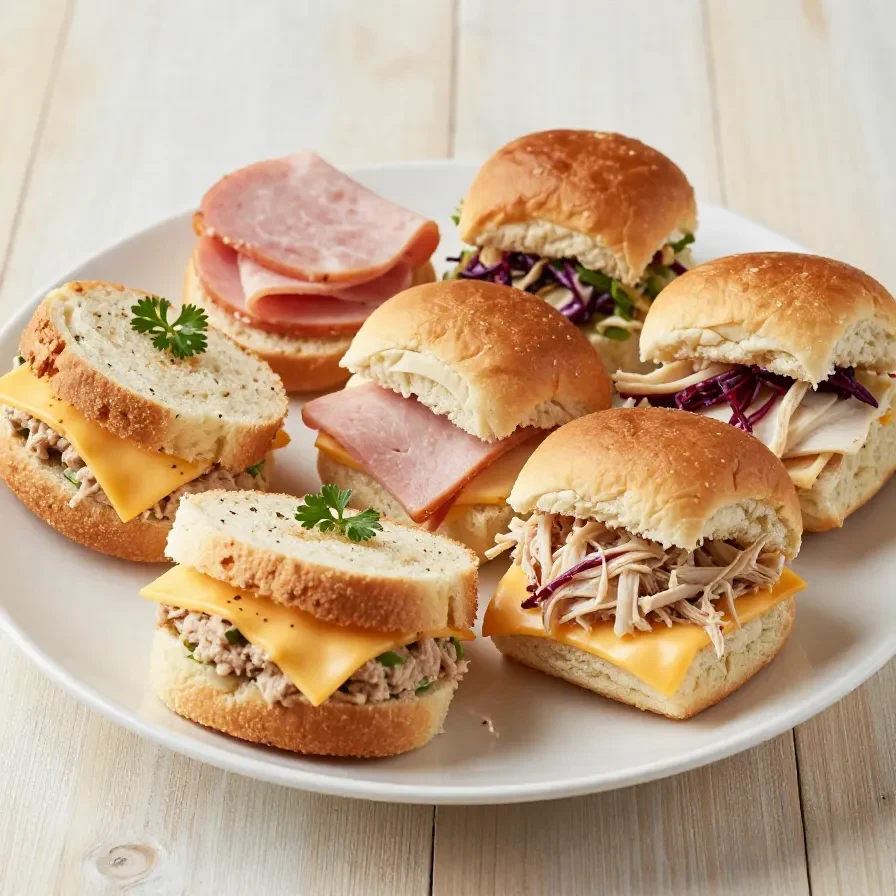 A platter of assorted finger sandwiches arranged neatly for a party.