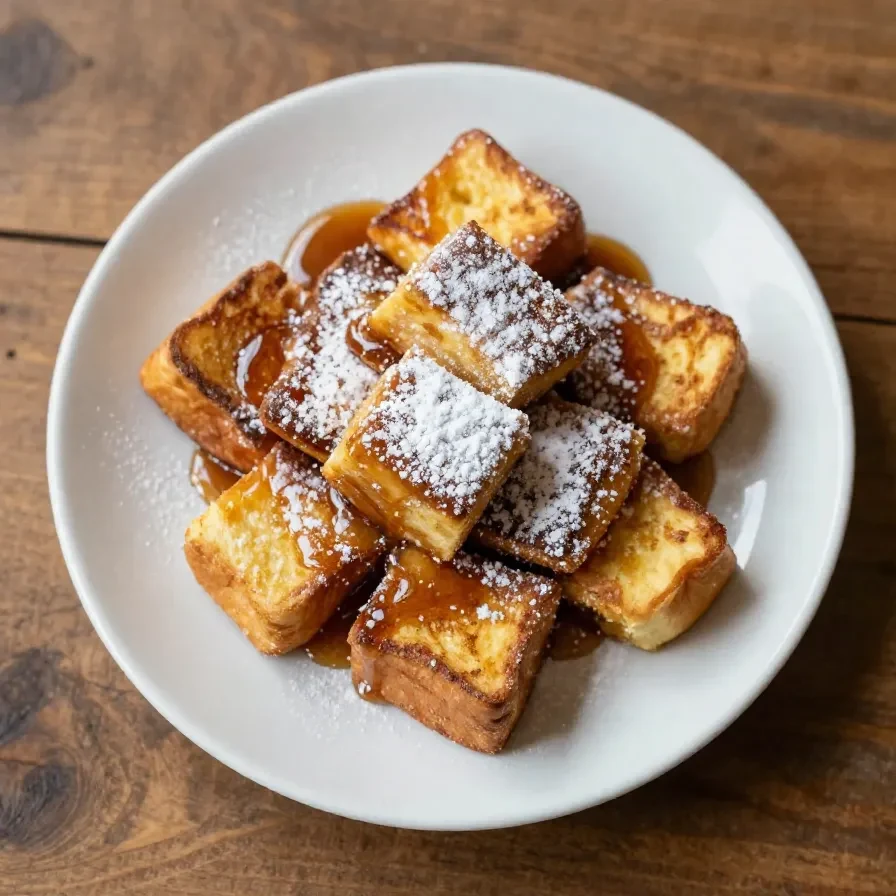 A freshly baked Hawaiian Roll French Toast casserole served in a white dish, topped with powdered sugar and berries.