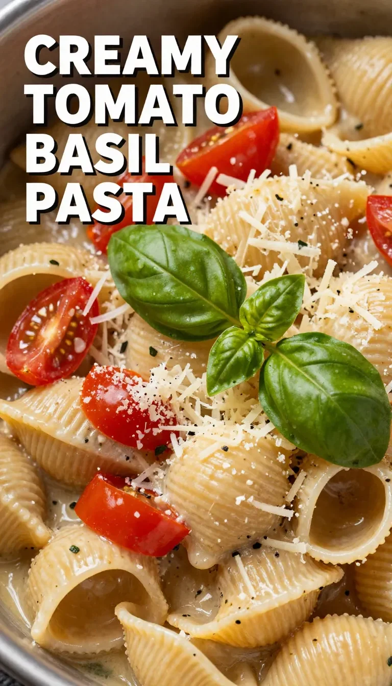 A bowl of creamy basil tomato pasta garnished with fresh basil leaves.