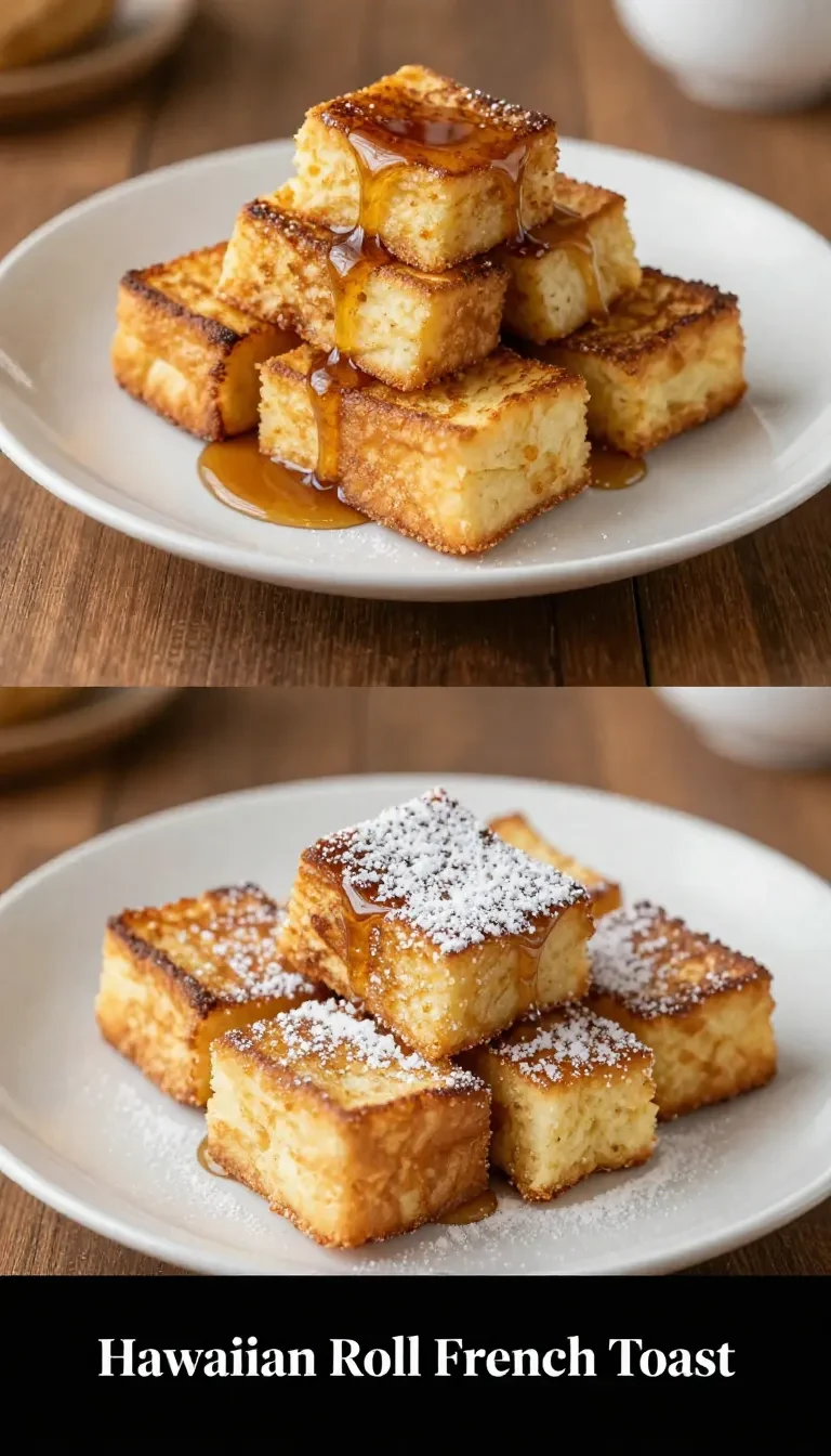A freshly baked Hawaiian Roll French Toast casserole served in a white dish, topped with powdered sugar and berries.