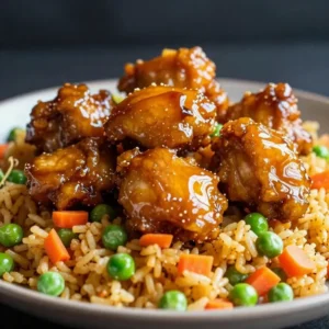 A plate of honey BBQ chicken served over fluffy white rice, garnished with green onions.