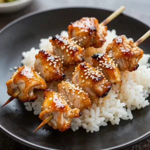 Grilled teriyaki chicken skewers garnished with sesame seeds and green onions on a plate.
