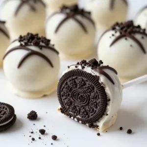 Close-up of easy no-bake Oreo cake pops on a white plate, decorated with chocolate drizzle.