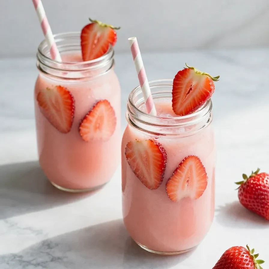 A refreshing glass of strawberry horchata agua fresca garnished with fresh strawberries and cinnamon.