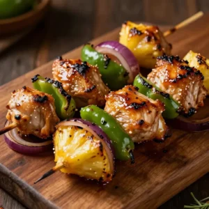 Grilled chicken pineapple kabobs served on a wooden platter.