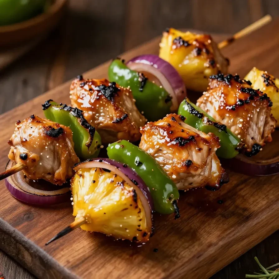 Grilled chicken pineapple kabobs served on a wooden platter.