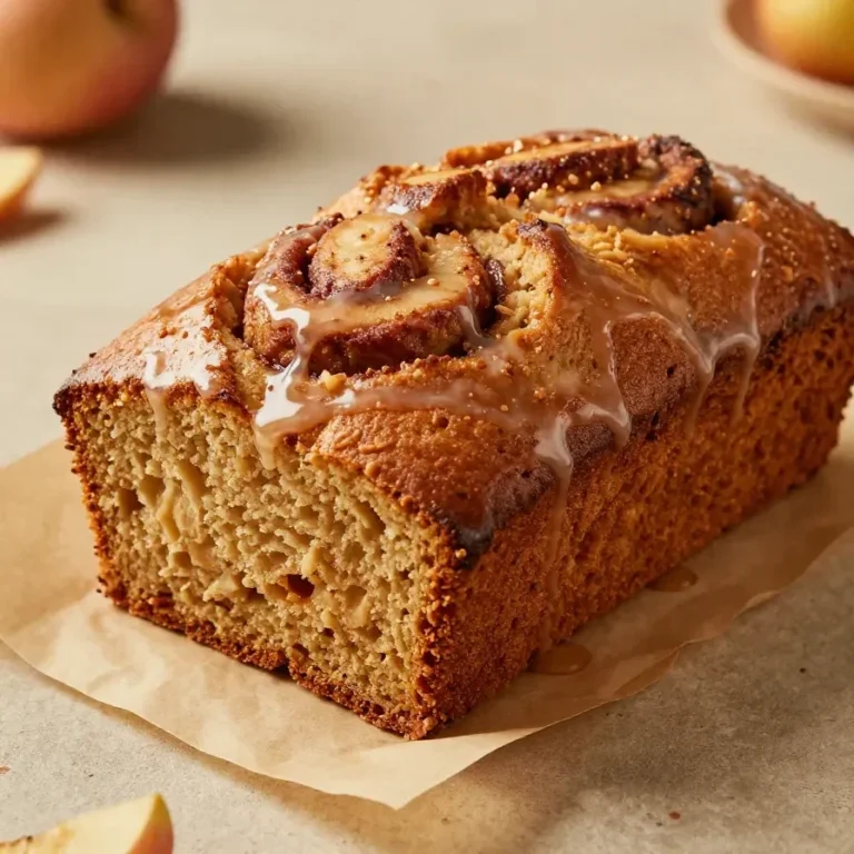 Freshly baked cinnamon apple bread on a wooden cutting board.