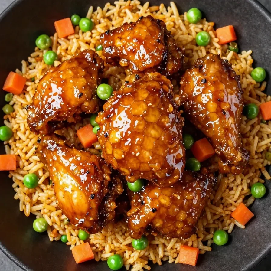 A plate of honey BBQ chicken served over fluffy white rice, garnished with green onions.