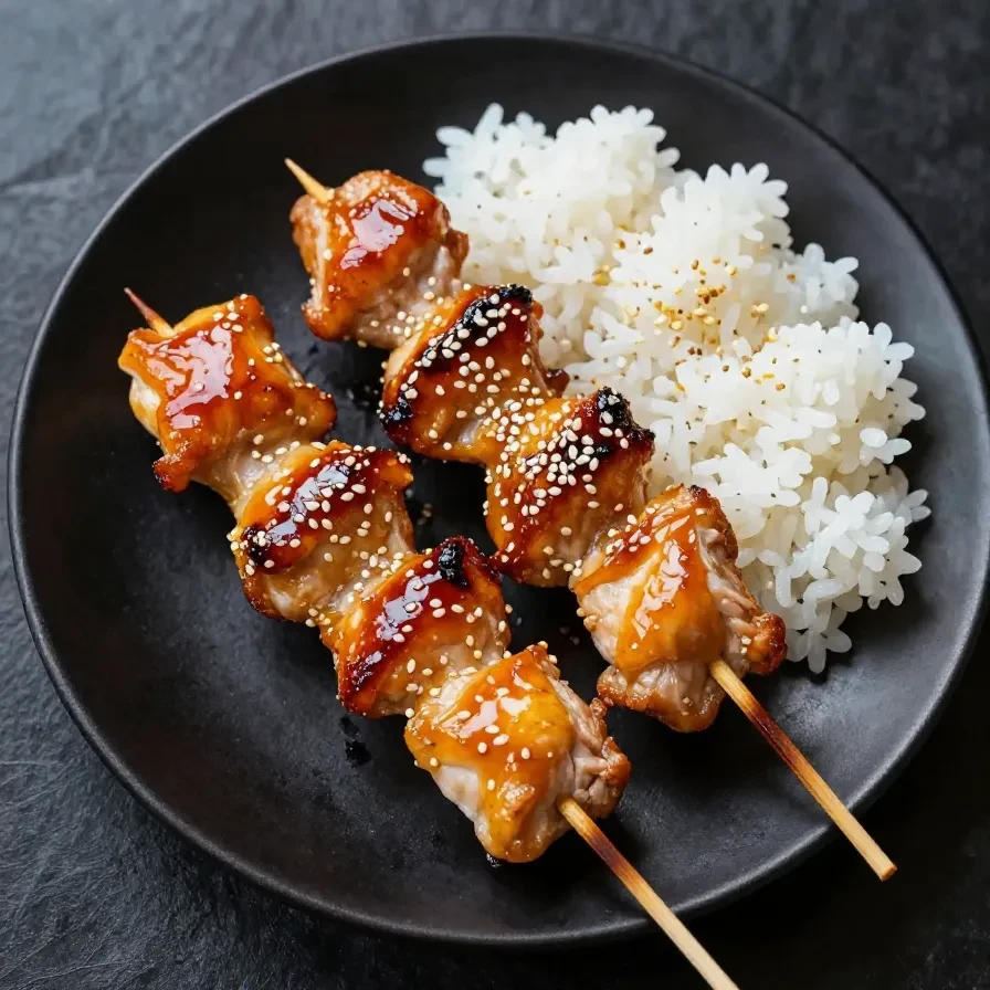Grilled teriyaki chicken skewers garnished with sesame seeds and green onions on a plate.