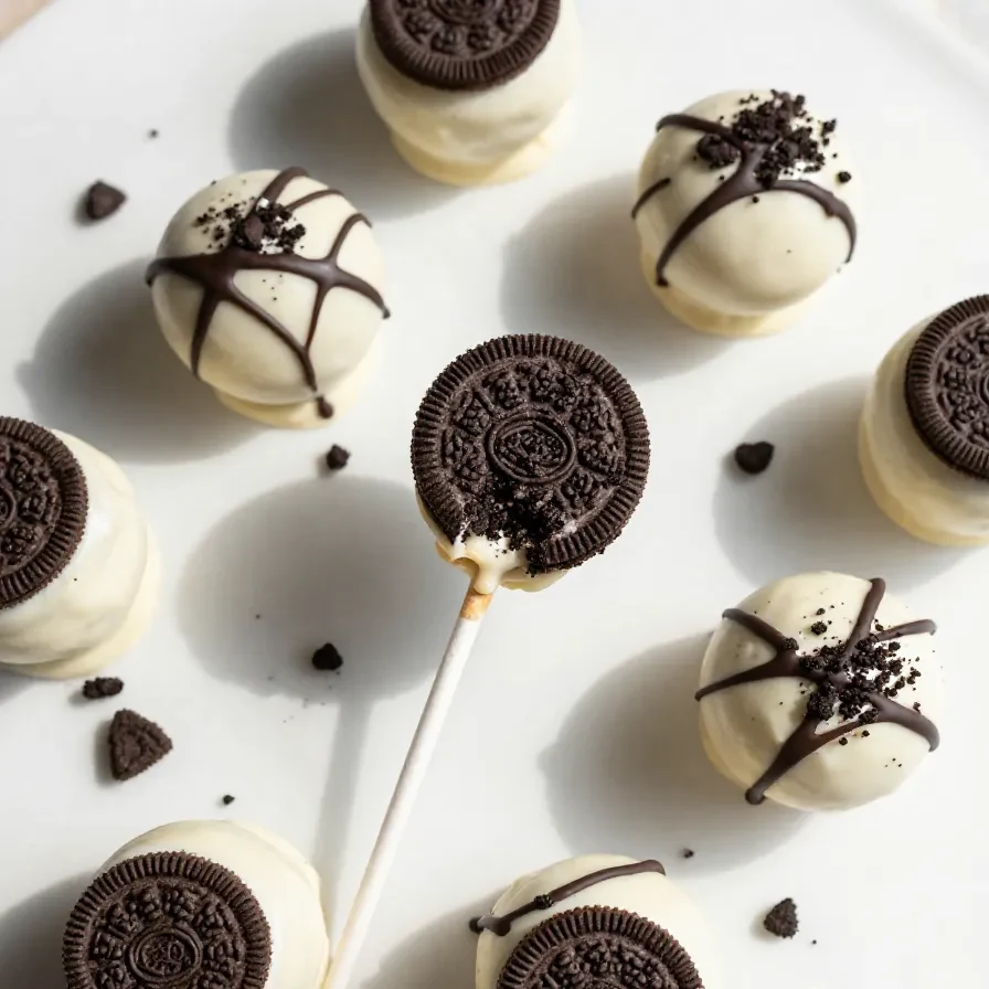 Close-up of easy no-bake Oreo cake pops on a white plate, decorated with chocolate drizzle.