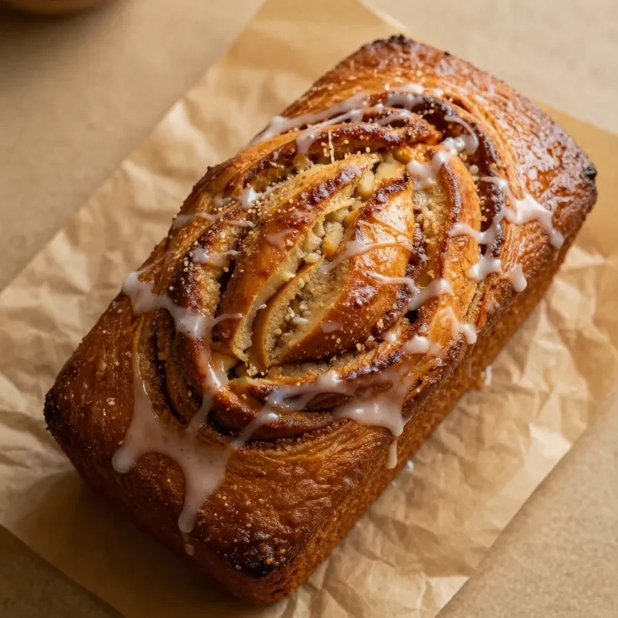 Freshly baked cinnamon apple bread on a wooden cutting board.