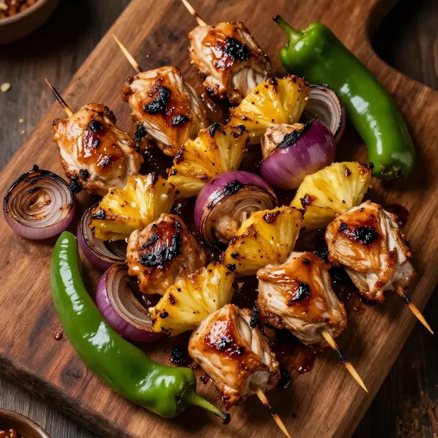 Grilled chicken pineapple kabobs served on a wooden platter.