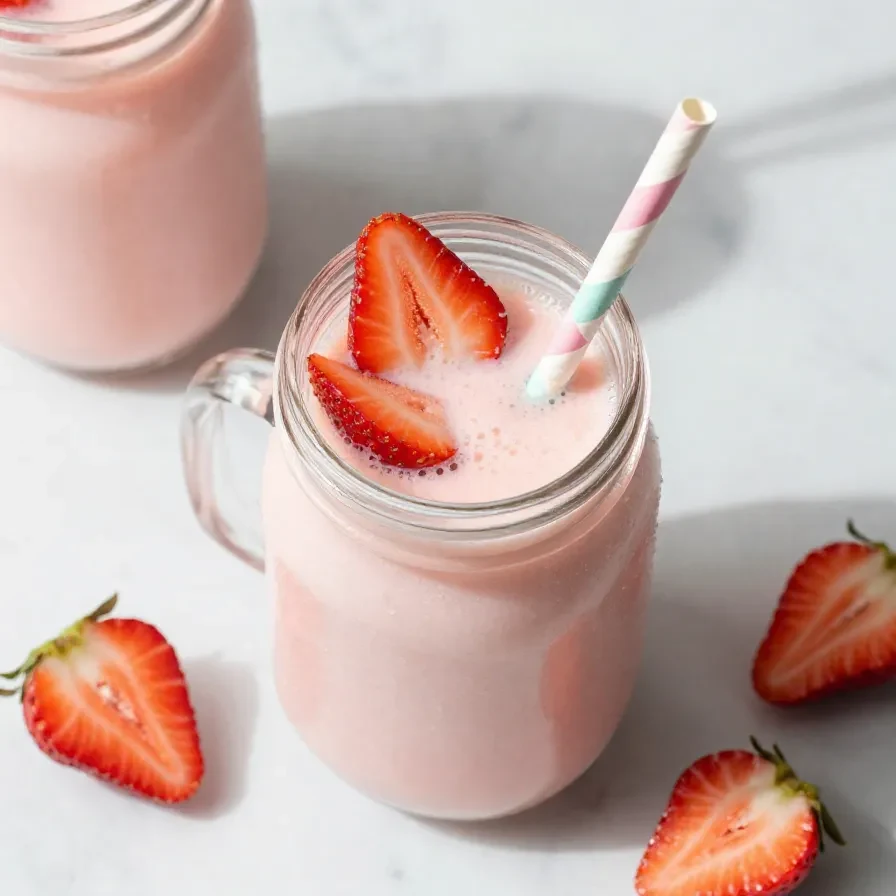 A refreshing glass of strawberry horchata agua fresca garnished with fresh strawberries and cinnamon.