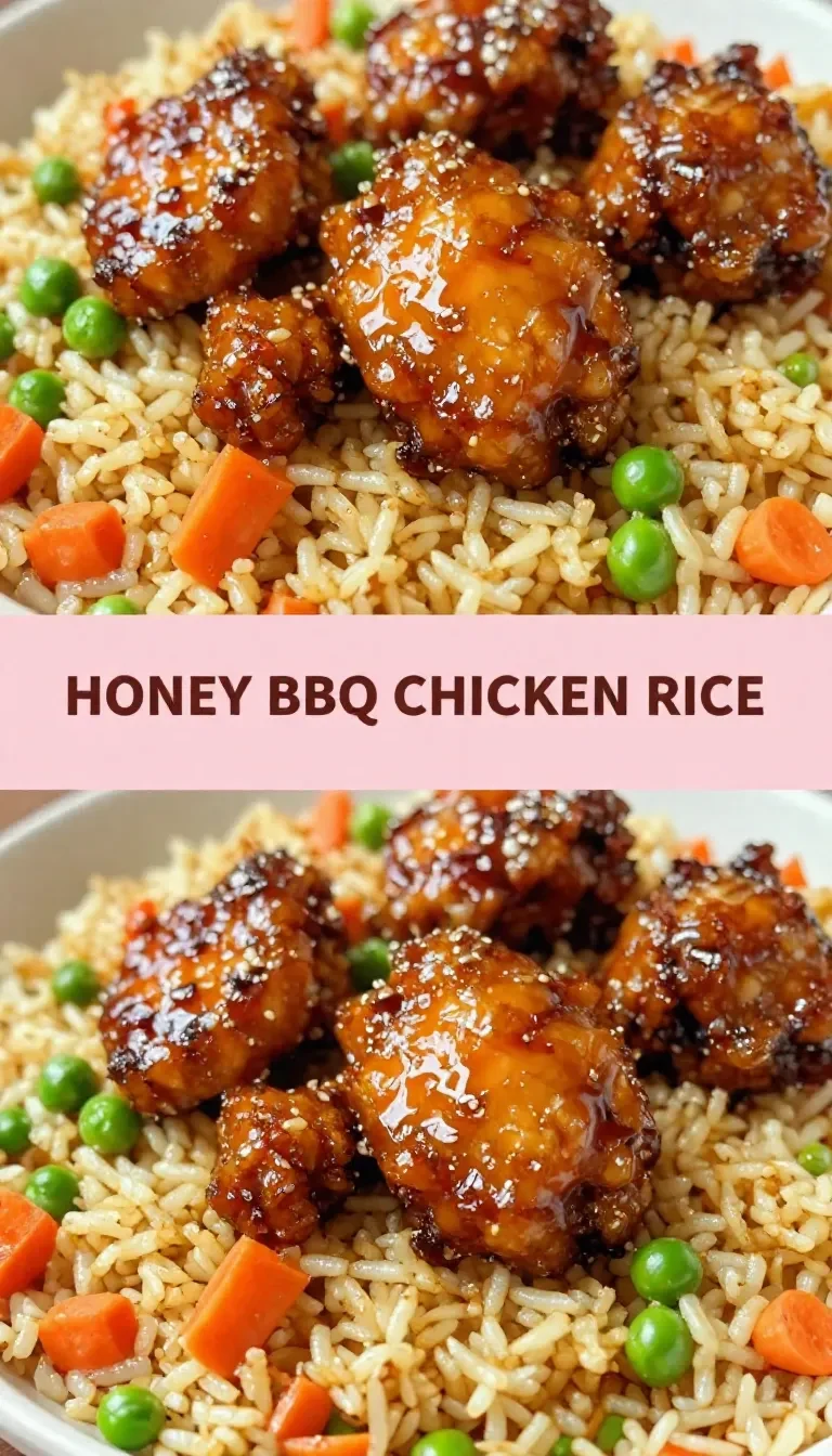 A plate of honey BBQ chicken served over fluffy white rice, garnished with green onions.