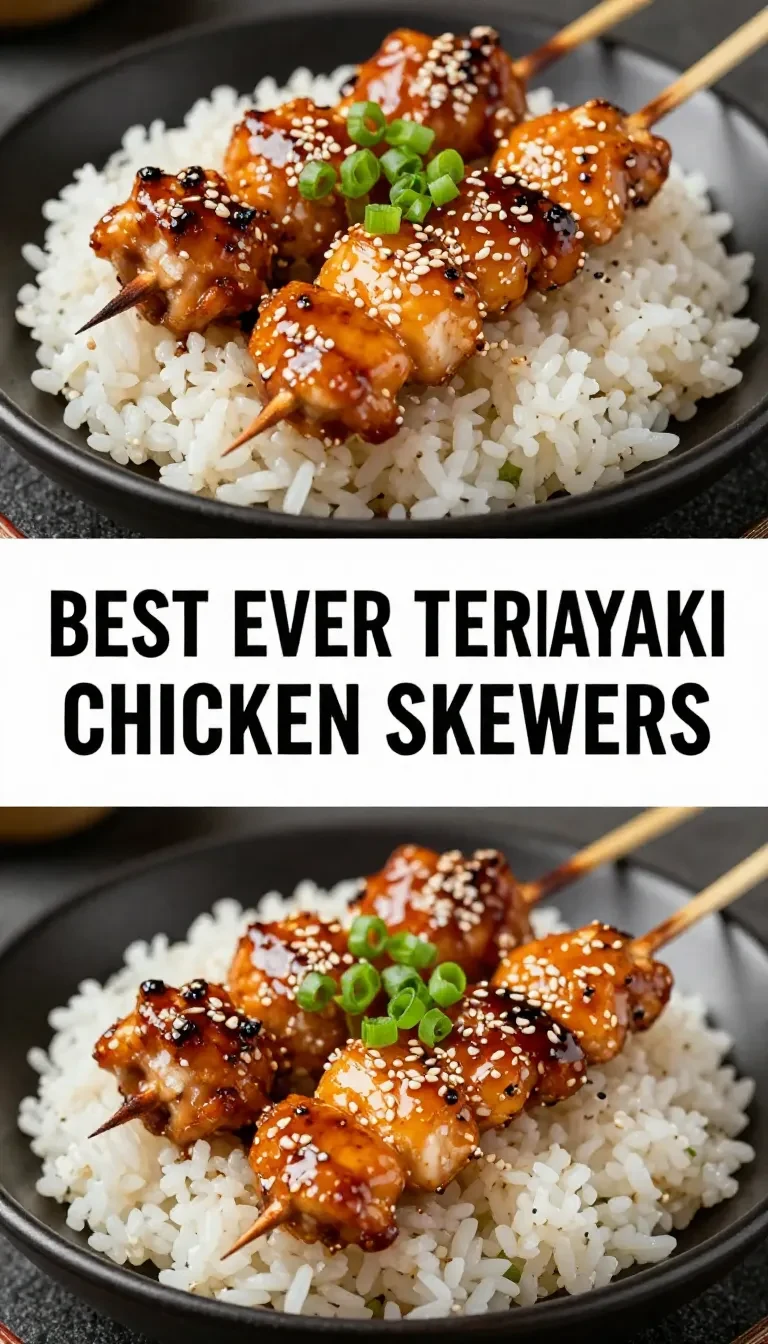 Grilled teriyaki chicken skewers garnished with sesame seeds and green onions on a plate.