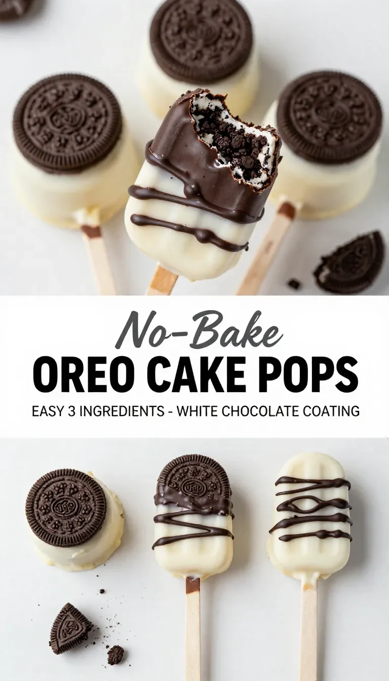 Close-up of easy no-bake Oreo cake pops on a white plate, decorated with chocolate drizzle.