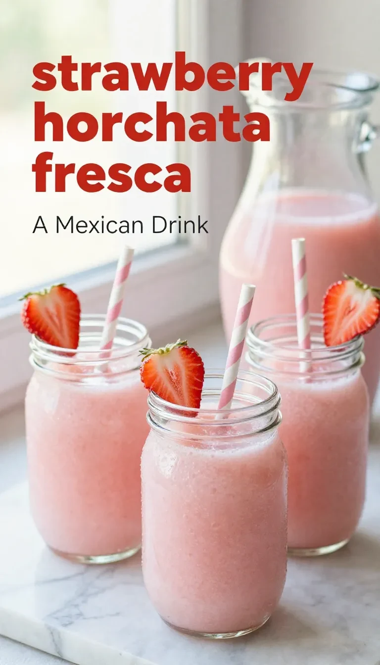 A refreshing glass of strawberry horchata agua fresca garnished with fresh strawberries and cinnamon.