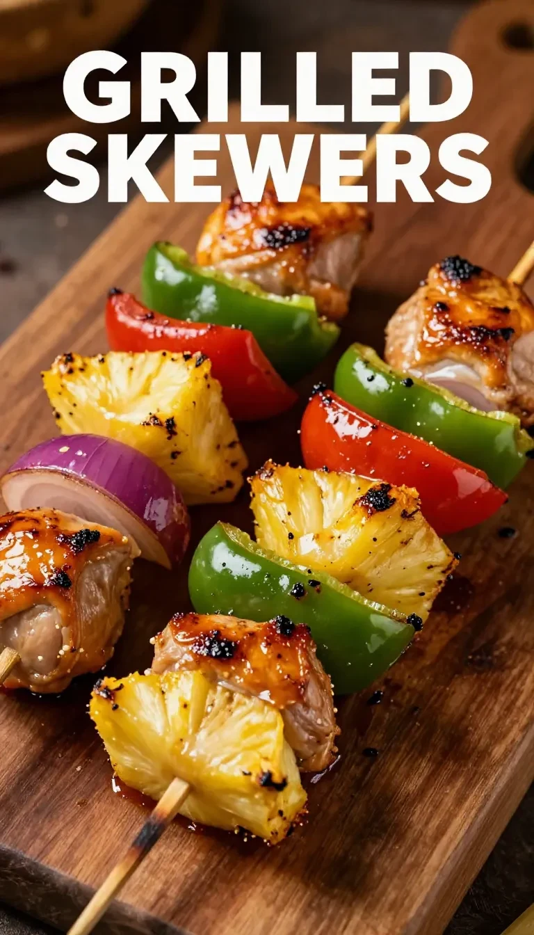 Grilled chicken pineapple kabobs served on a wooden platter.