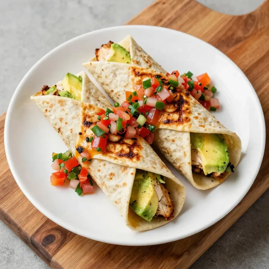 A close-up of a grilled avocado chicken wrap served on a wooden plate.
