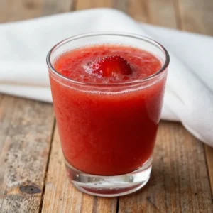 A refreshing glass of strawberry agua fresca with fresh strawberries and mint garnish.