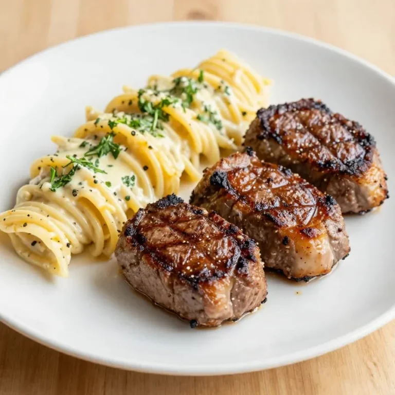 A plate of creamy garlic butter steak bites served with pasta, garnished with parsley.