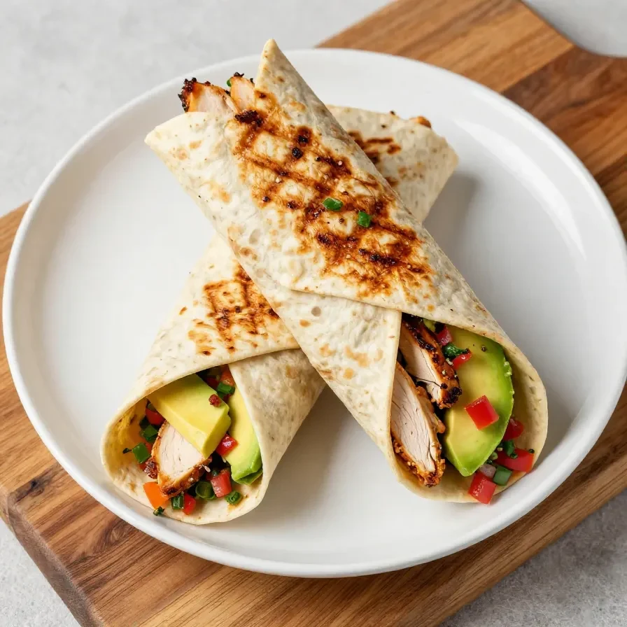A close-up of a grilled avocado chicken wrap served on a wooden plate.