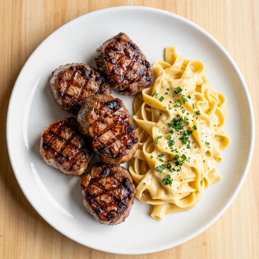 A plate of creamy garlic butter steak bites served with pasta, garnished with parsley.