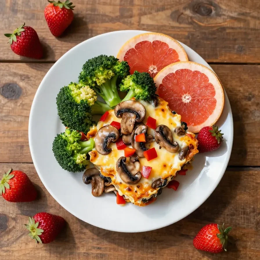 A cozy breakfast spread featuring pancakes, scrambled eggs, and fresh orange juice on a wooden table.