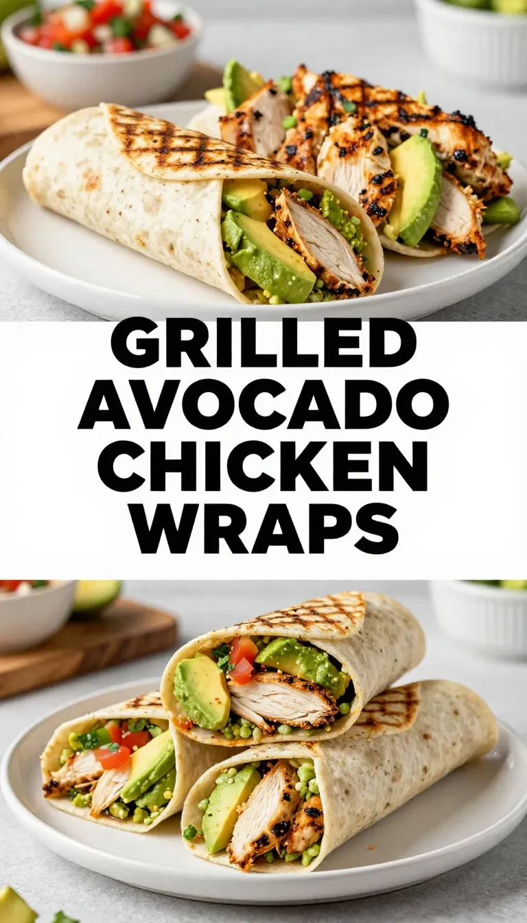 A close-up of a grilled avocado chicken wrap served on a wooden plate.