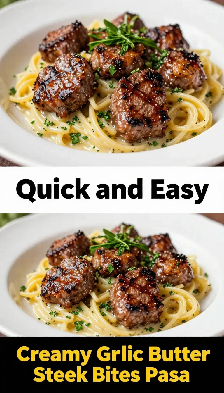 A plate of creamy garlic butter steak bites served with pasta, garnished with parsley.