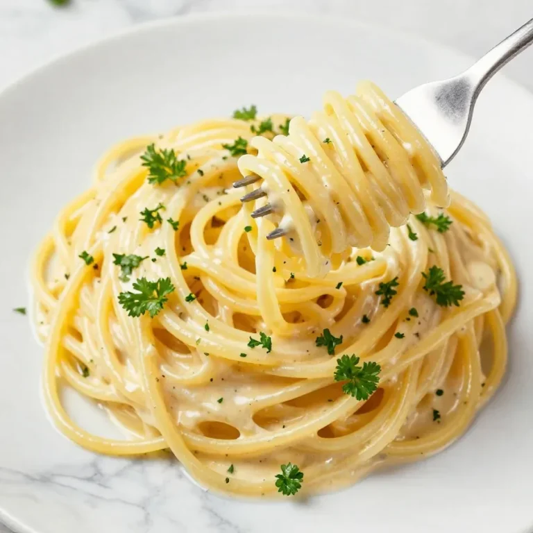 A bowl of creamy lemon garlic pasta garnished with parsley and lemon slices.