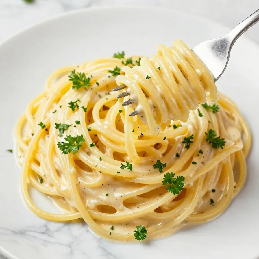 A bowl of creamy lemon garlic pasta garnished with parsley and lemon slices.