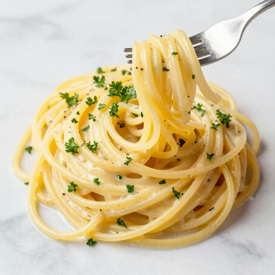 A bowl of creamy lemon garlic pasta garnished with parsley and lemon slices.