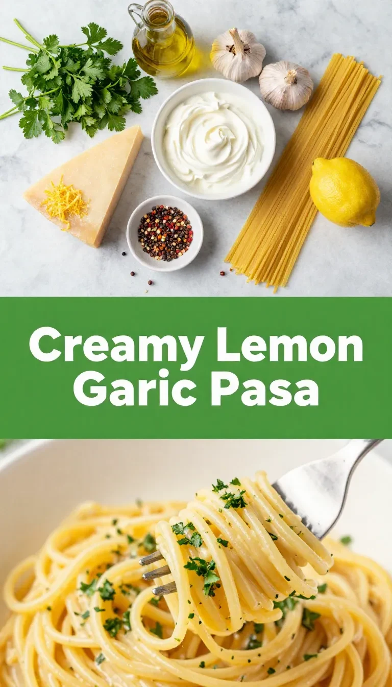 A bowl of creamy lemon garlic pasta garnished with parsley and lemon slices.