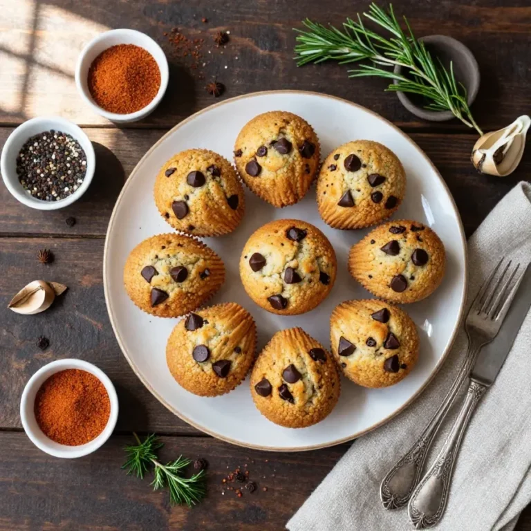 Close-up of freshly baked chocolate chip mini muffins on a wooden tray.