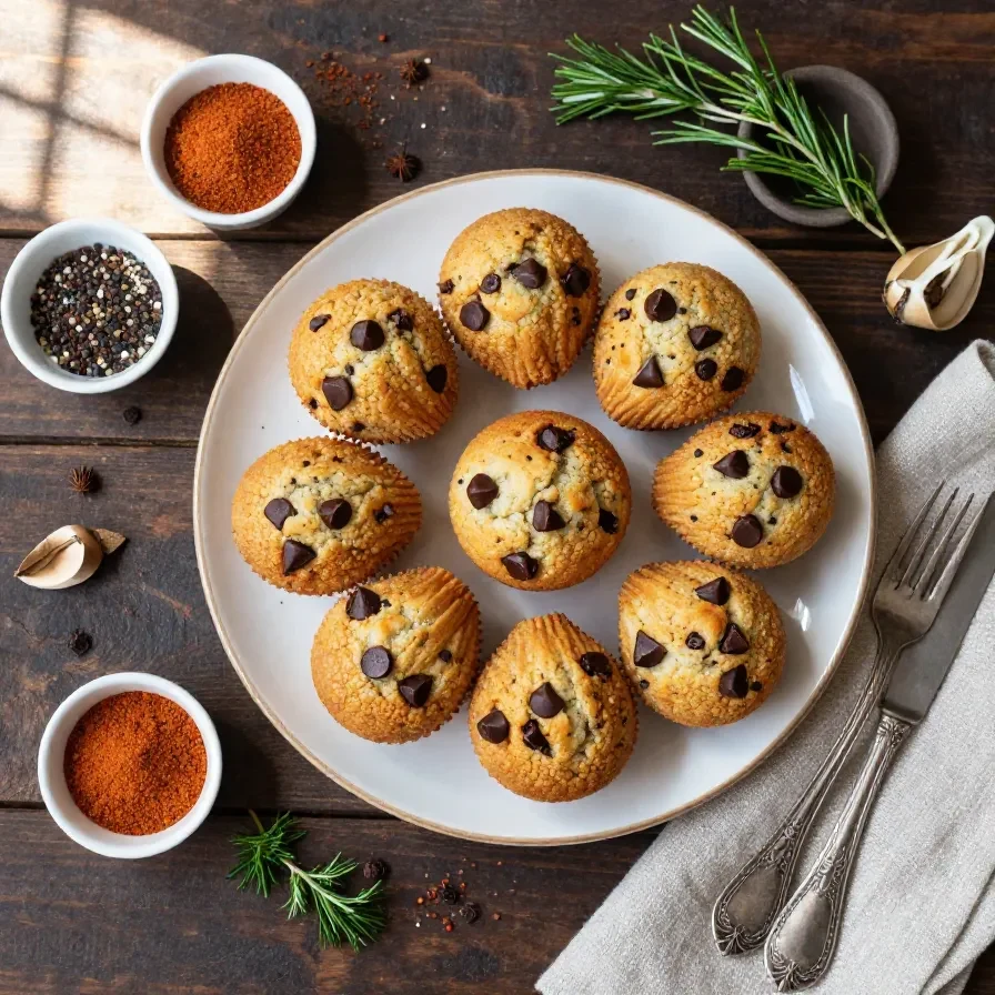 Close-up of freshly baked chocolate chip mini muffins on a wooden tray.