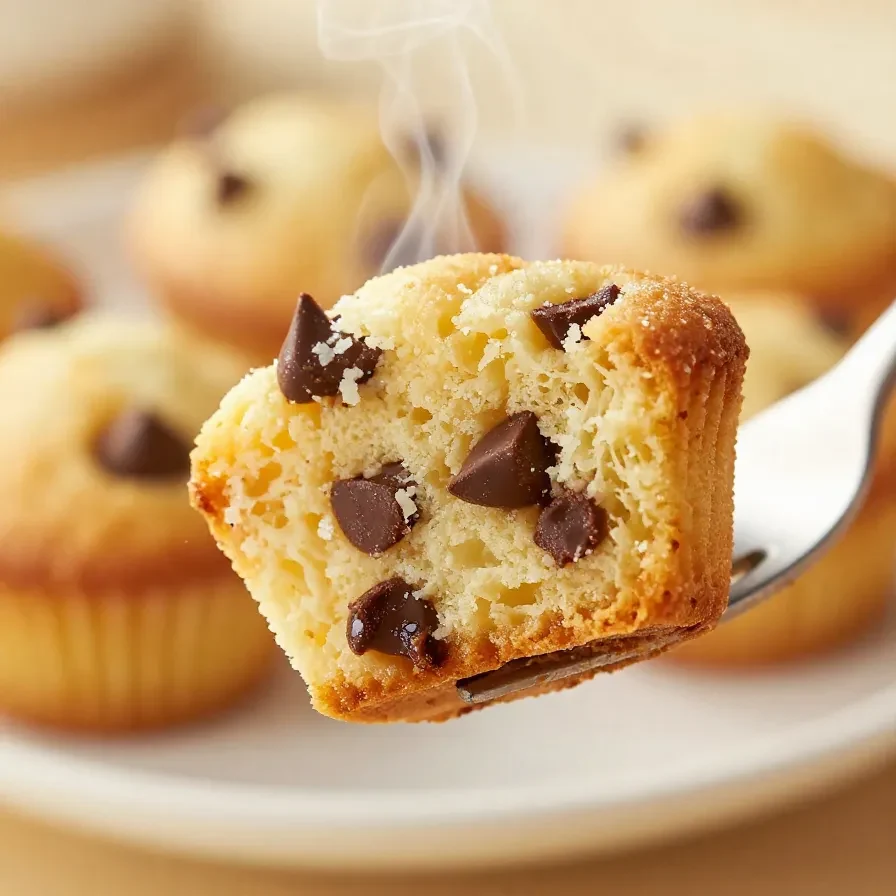 Close-up of freshly baked chocolate chip mini muffins on a wooden tray.