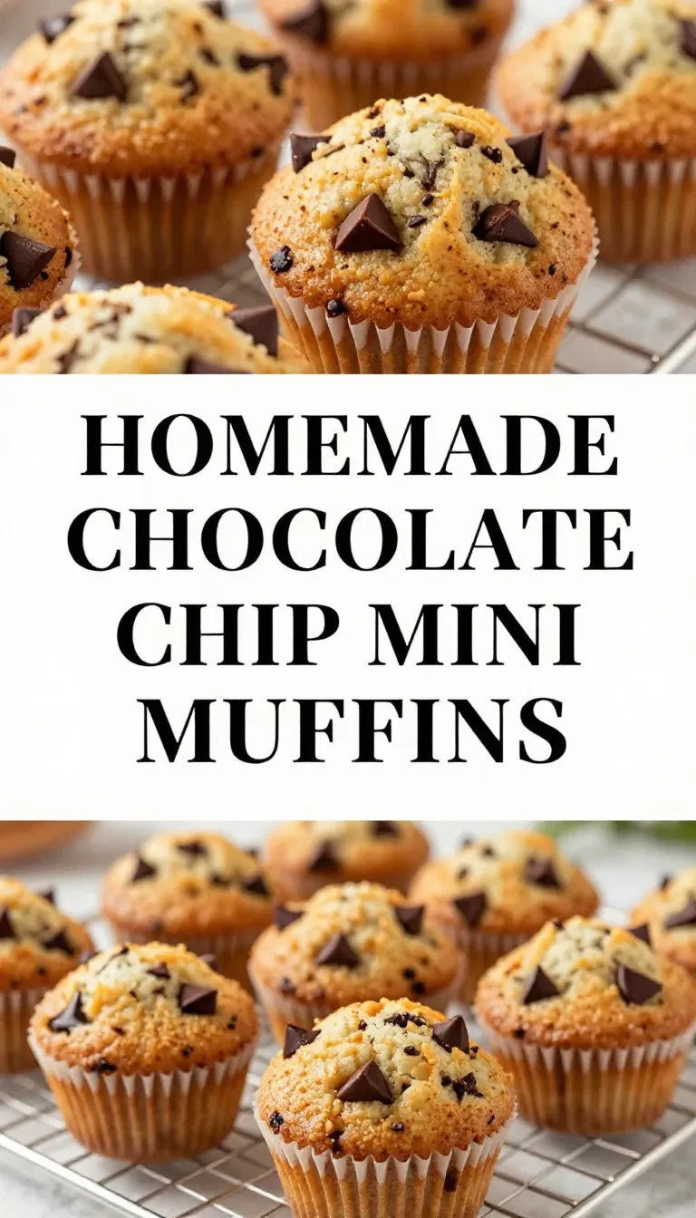 Close-up of freshly baked chocolate chip mini muffins on a wooden tray.