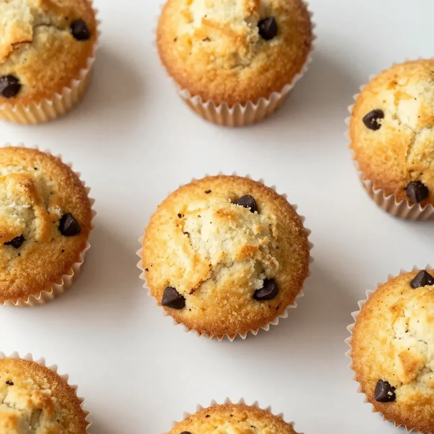 A plate of healthy chocolate chip mini muffins, golden brown and freshly baked.